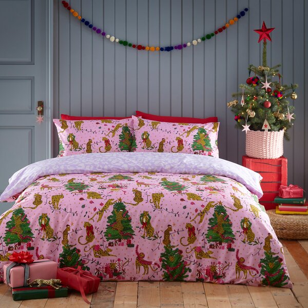 Furn. Purrfect Christmas Pink & Lilac Duvet Cover and Pillowcase Set