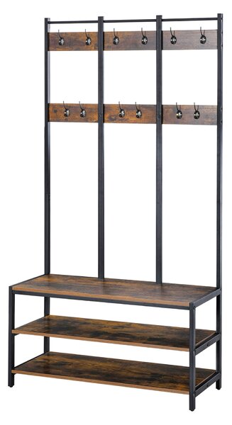 HOMCOM Hall Tree Coat Rack Stand, Freestanding with Hooks, Bench, Shoe Storage, 100cm x 40cm x 184cm, Rustic Brown, Black