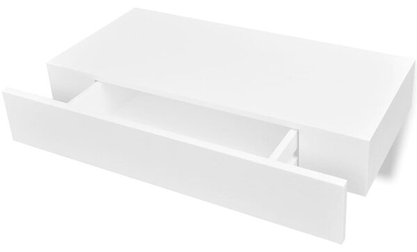 White MDF Floating Wall Display Shelf 1 Drawer Book/DVD Storage