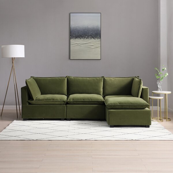 Moda 3 Seater Modular Sofa with Chaise, Olive Velvet Green