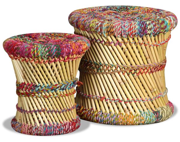 Stools with Chindi Details 2 pcs Multicolour Bamboo