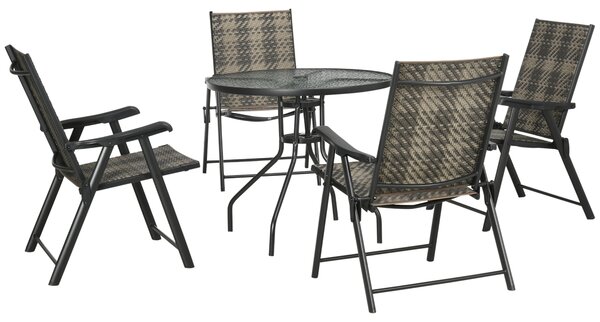 Outsunny 5 Pieces PE Rattan Table and Chairs, Round Glass Top Table with Umbrella Hole, Folding Armchair for Outdoor & Garden, Mixed Grey Aosom UK