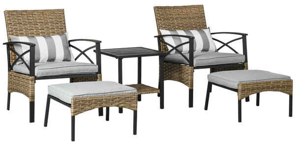 Outsunny 5 Piece PE Rattan Garden Furniture Set, 2 Armchairs,2 Stools, Steel Tabletop with Wicker Shelf, Padded Outdoor Seating, Grey