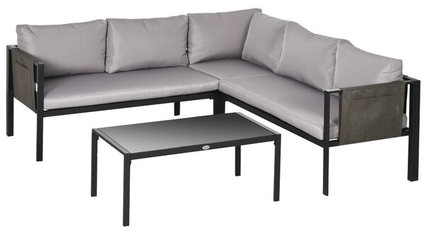 Outsunny 4 Piece Metal Garden Furniture Set with Tempered Glass Coffee Table, Breathable Mesh Pocket, Outdoor Conversational Corner Sofa Loveseat with Padded Cushions, Light Grey