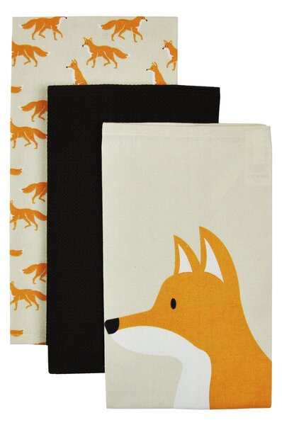 Set of 3 Fergus Fox Tea Towels Orange/White/Black