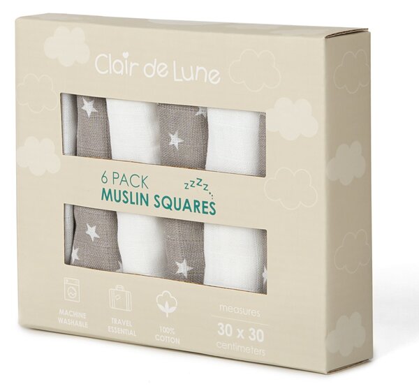 Clair de Lune Pack of 6 Muslin Squares 30x30cm