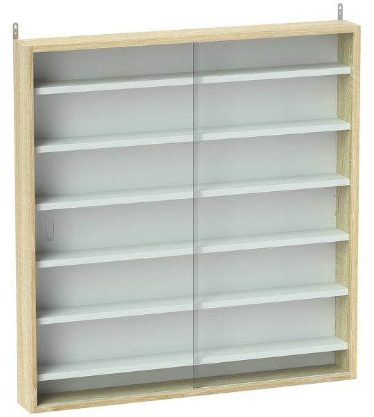HOMCOM 7-Tier Wall Display Shelf Unit Cabinet w/ 6 Adjustable Shelves Glass Doors Home Office Ornaments 83x80cm, Oak