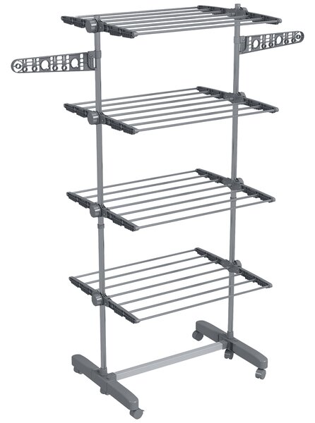 HOMCOM 4-Tier Clothes Airer, Foldable Clothes Drying Rack, Stainless Steel Clothes Dryer with Wheels & Wings, Easy Assembly Aosom UK