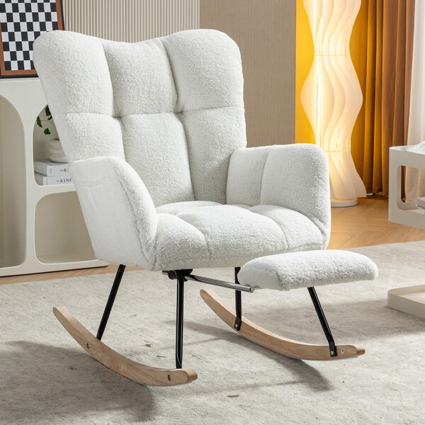 Modern Teddy Fabric Tufted Upholstered Rocking Chair with Pull-out Footrest, Ergonomic Backrest, Perfect for Relaxing, 80x70x95 cm, White Aosom UK