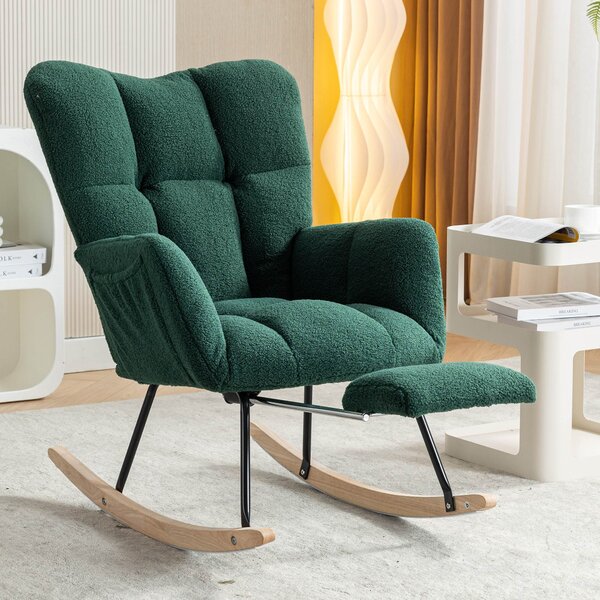 Modern Teddy Fabric Tufted Upholstered Rocking Chair with Pull-out Footrest, Ergonomic Backrest, Perfect for Relaxing, 80x70x95 cm, Green Aosom UK