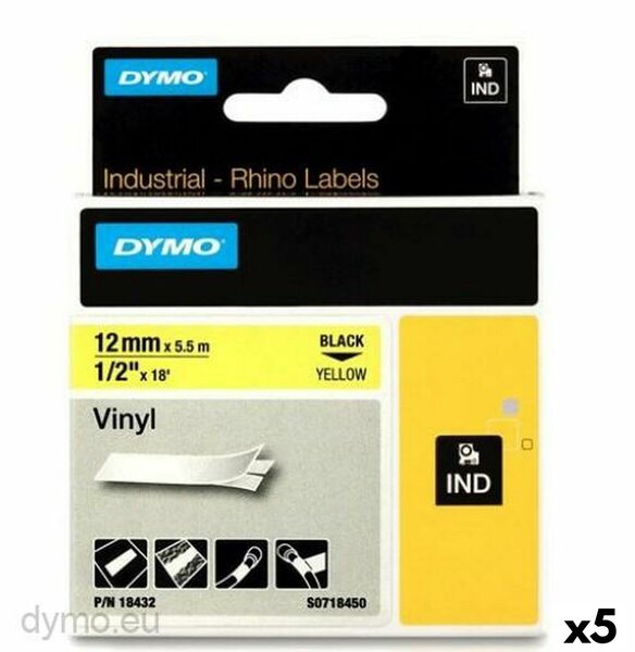 Laminated Tape for Labelling Machines Rhino Dymo ID1-12 12 x 5,5 mm Black Yellow Stick Self-adhesives (5 Units)