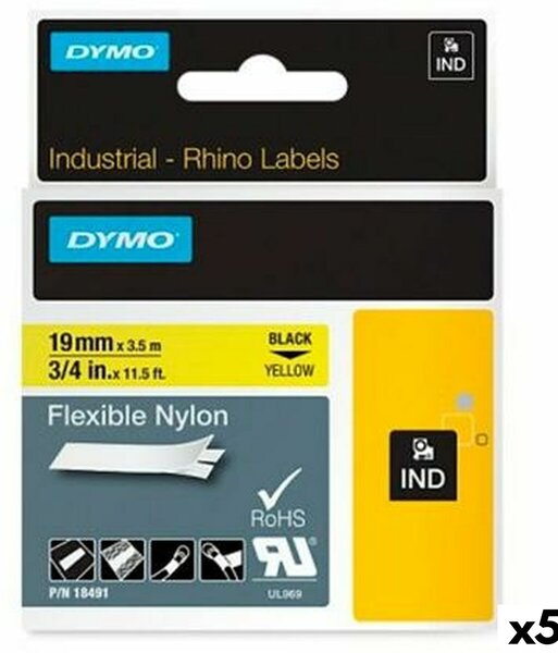 Laminated Tape for Labelling Machines Rhino Dymo ID1-19 19 x 3,5 mm Black Yellow Self-adhesives (5 Units)