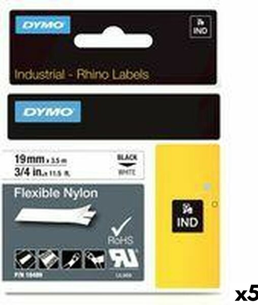 Laminated Tape for Labelling Machines Rhino Dymo ID1-19 19 x 3,5 mm Black White Self-adhesives (5 Units)