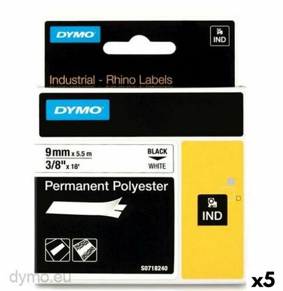 Laminated Tape for Labelling Machines Rhino Dymo ID1-9 9 x 5,5 mm Black Polyester White (5 Units)