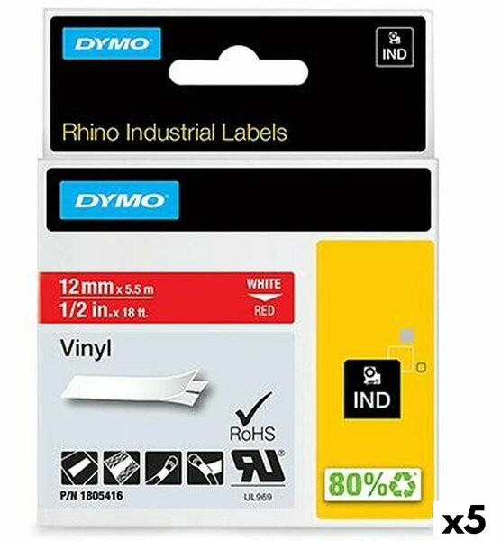 Laminated Tape for Labelling Machines Rhino Dymo ID1-12 12 x 5,5 mm Red White Stick Self-adhesives (5 Units)