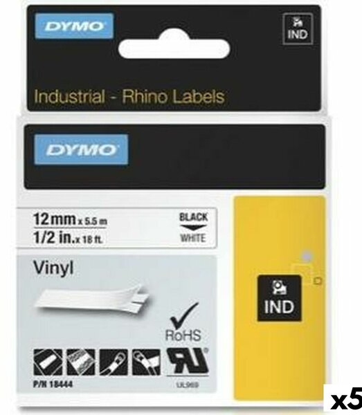 Laminated Tape for Labelling Machines Rhino Dymo ID1-12 12 x 5,5 mm Black White Stick Self-adhesives (5 Units)