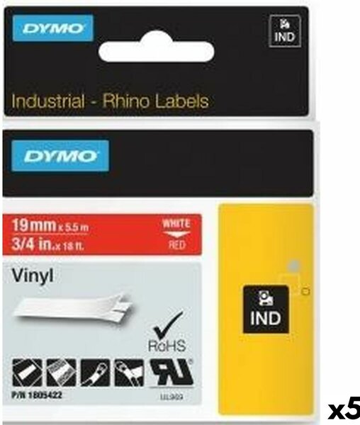 Laminated Tape for Labelling Machines Rhino Dymo ID1-19 19 x 5,5 mm Red White Stick Self-adhesives (5 Units)