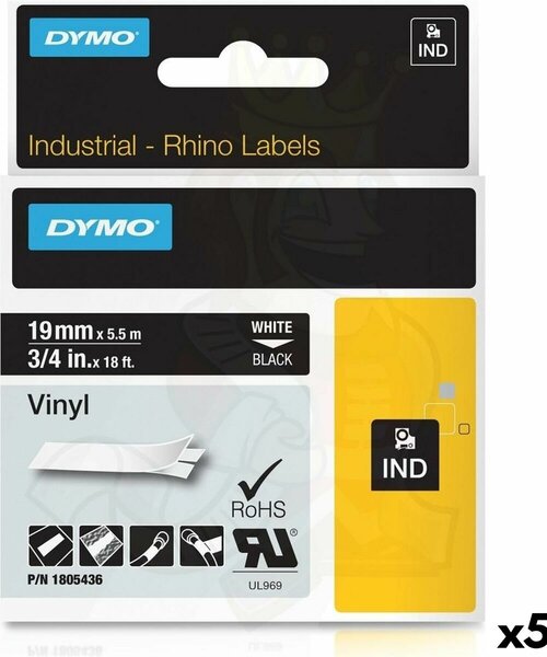 Laminated Tape for Labelling Machines Rhino Dymo ID1-19 19 x 5,5 mm Black Polyester White Self-adhesives (5 Units)