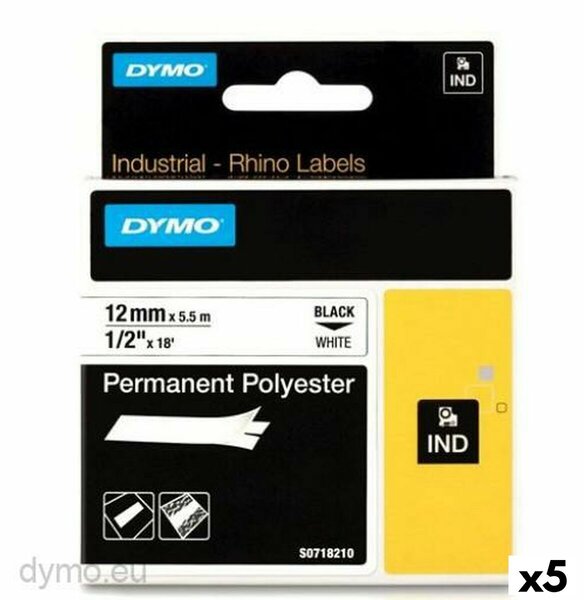 Laminated Tape for Labelling Machines Rhino Dymo ID1-12 12 x 5,5 mm Black White Self-adhesives (5 Units)