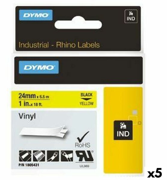 Laminated Tape for Labelling Machines Rhino Dymo ID1-24 24 x 5,5 mm Black Yellow Stick Self-adhesives (5 Units)