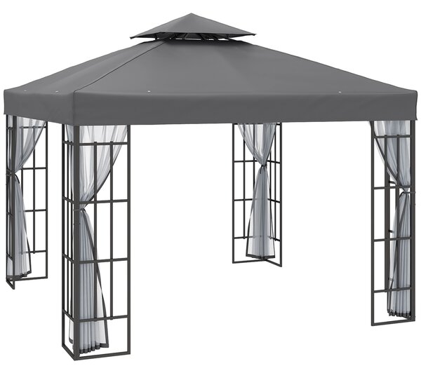 Outsunny Patio Gazebo 3 x 3m, Garden Pavilion Tent Shelter with 2 Tier Roof, Mosquito Netting, Steel Frame, Grey