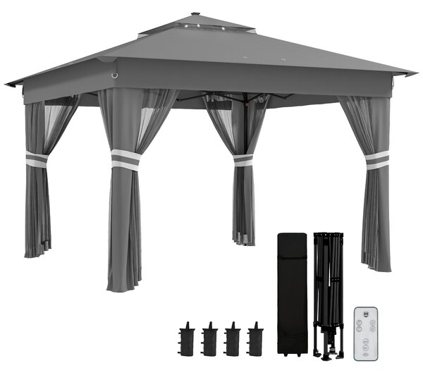 Outsunny 3 x 3(m) Pop Up Gazebo Party Tent with Solar-Powered LED Lights, Adjustable Event Shelter with Curtain, Netting, Grey