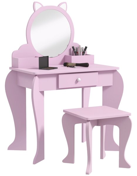 ZONEKIZ Children's Vanity Set with Mirror, Stool, Cat Theme, Drawer, Organiser Boxes for Ages 3-6, Pink Aosom UK