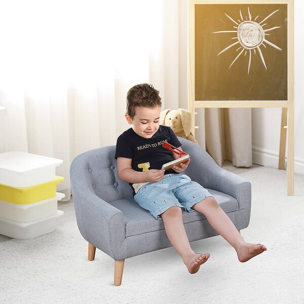 HOMCOM 2 Seater Toddler Chair Kids Mini Sofa Children Armchair Seating Chair Bedroom Playroom Furniture Wood Frame Grey Aosom UK