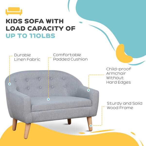 HOMCOM 2 Seater Toddler Chair Kids Mini Sofa Children Armchair Seating Chair Bedroom Playroom Furniture Wood Frame Grey Aosom UK