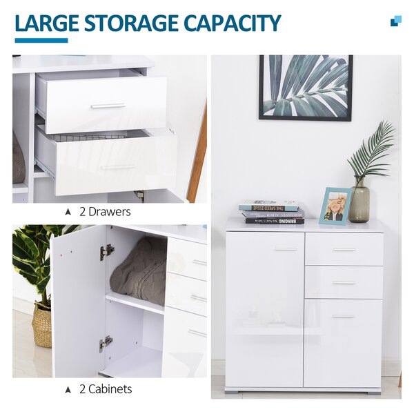 HOMCOM Modern Sideboard, High Gloss, Living room sideboard, 71x35x76 cm, Ample Storage Space, White Aosom UK