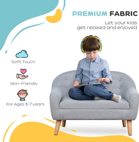 HOMCOM 2 Seater Toddler Chair Kids Mini Sofa Children Armchair Seating Chair Bedroom Playroom Furniture Wood Frame Grey Aosom UK