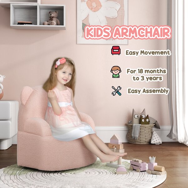 AIYAPLAY Kids Sofa Kids Armchair, Bear Shaped Toddler Chair for Bedroom Playroom Living Room, Aged 18 Months to 3 Years, Pink Aosom UK