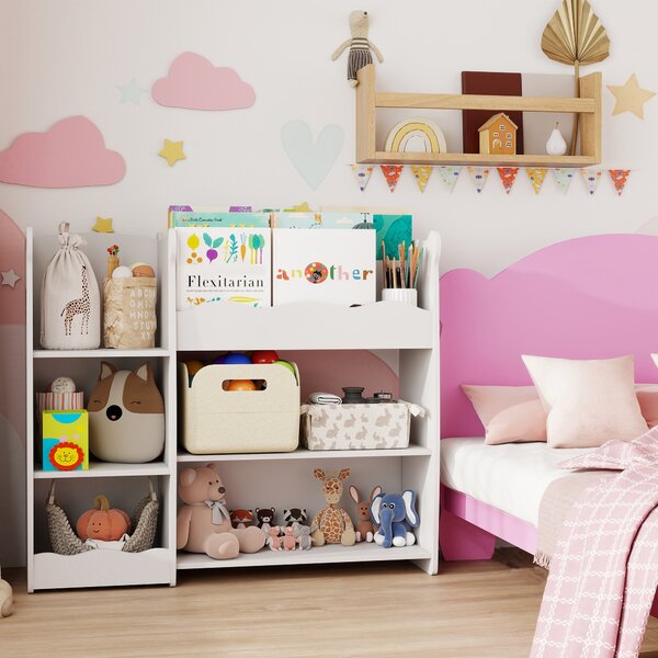 AIYAPLAY Kids Toy Storage Unit, Bear Design Kids Bookshelf and Toy Organiser, for Bedroom, Nursery, Playroom, White