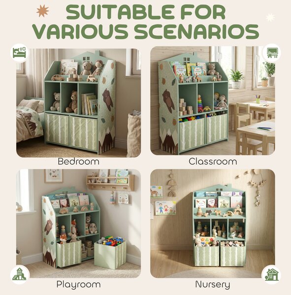 AIYAPLAY Kids Bookshelf with Storage, Toy Storage Unit with Book Display, Shelves and Fabric Drawers for Playroom Nursery, Green