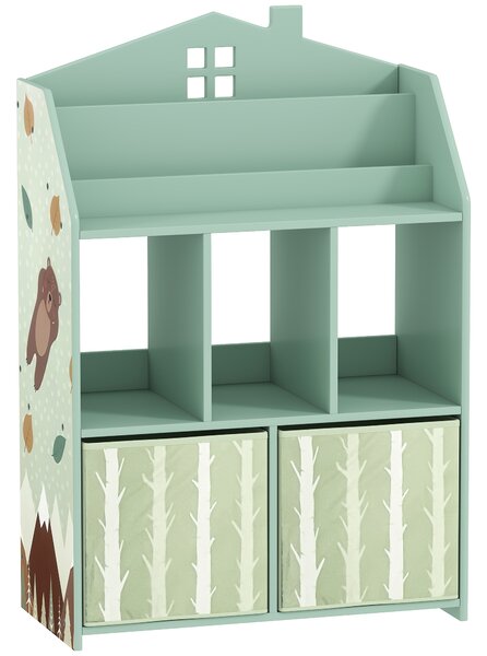AIYAPLAY Kids Bookshelf with Storage, Toy Storage Unit with Book Display, Shelves and Fabric Drawers for Playroom Nursery, Green