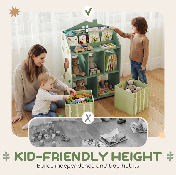 AIYAPLAY Kids Bookshelf with Storage, Toy Storage Unit with Book Display, Shelves and Fabric Drawers for Playroom Nursery, Green