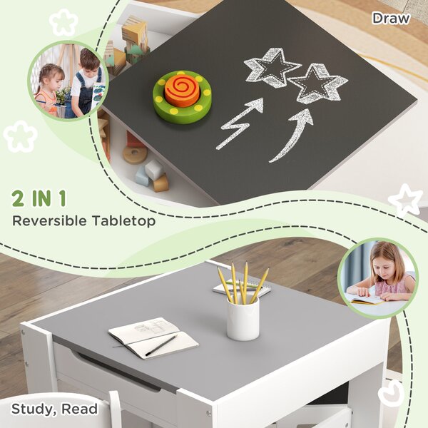 HOMCOM 3PCs Kids Table and Chair Set with Blackboard, Storage, Bookshelves, Grey Aosom UK