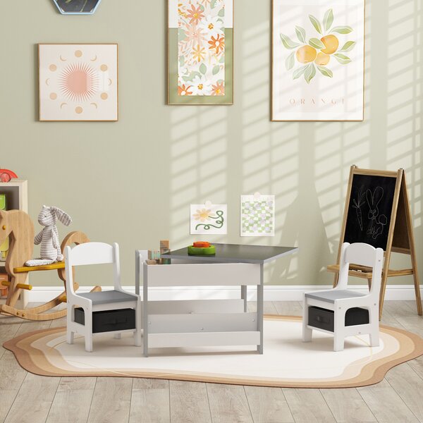 HOMCOM 3PCs Kids Table and Chair Set with Blackboard, Storage, Bookshelves, Grey Aosom UK
