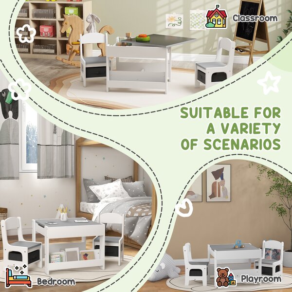 HOMCOM 3PCs Kids Table and Chair Set with Blackboard, Storage, Bookshelves, Grey Aosom UK
