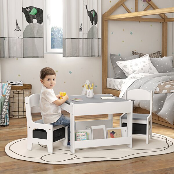 HOMCOM 3PCs Kids Table and Chair Set with Blackboard, Storage, Bookshelves, Grey Aosom UK