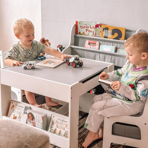 HOMCOM 3PCs Kids Table and Chair Set with Blackboard, Storage, Bookshelves, Grey Aosom UK