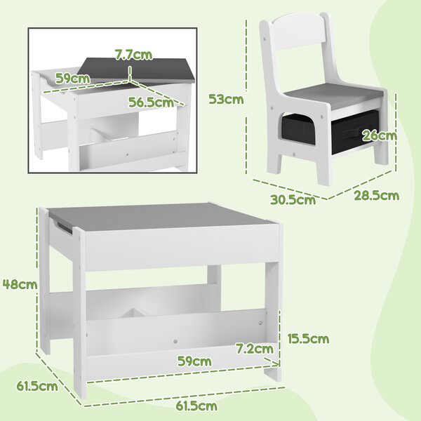 HOMCOM 3PCs Kids Table and Chair Set with Blackboard, Storage, Bookshelves, Grey Aosom UK