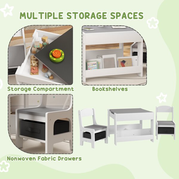HOMCOM 3PCs Kids Table and Chair Set with Blackboard, Storage, Bookshelves, Grey Aosom UK
