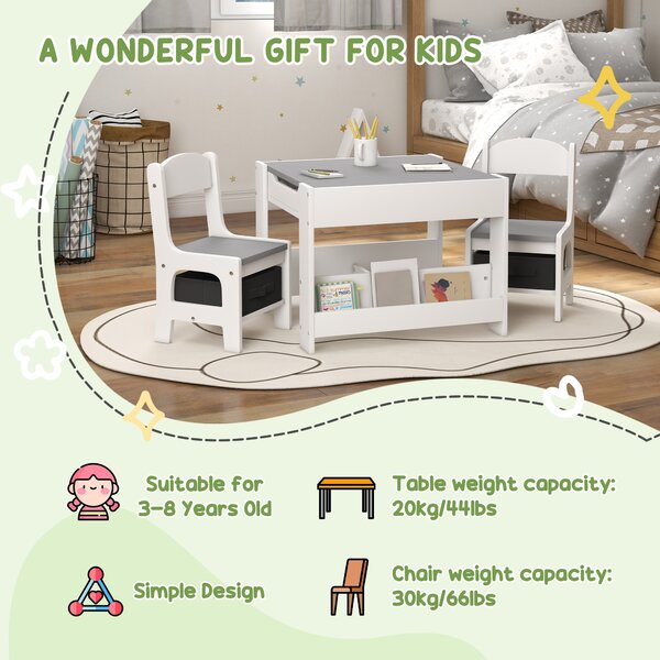 HOMCOM 3PCs Kids Table and Chair Set with Blackboard, Storage, Bookshelves, Grey Aosom UK