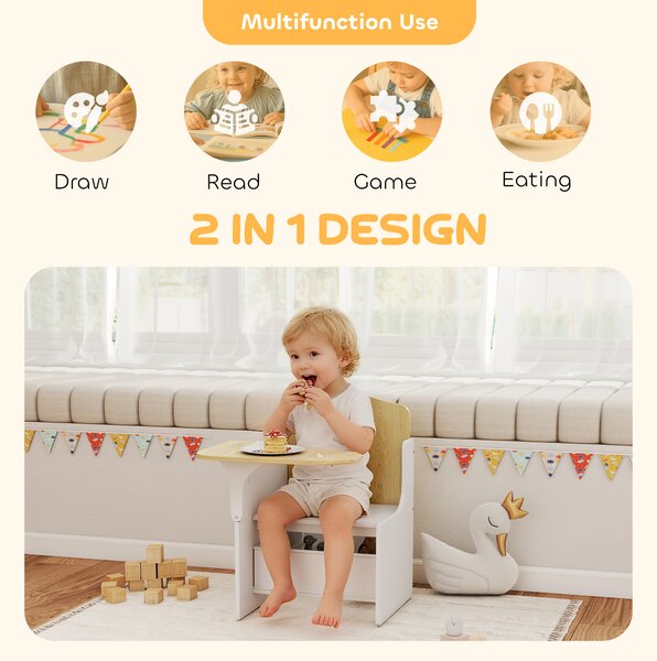 AIYAPLAY Kids Table and Chair Set, Children Desk and Chair with Storage Bins for Playing, Reading, Painting, for Ages 3-5, White
