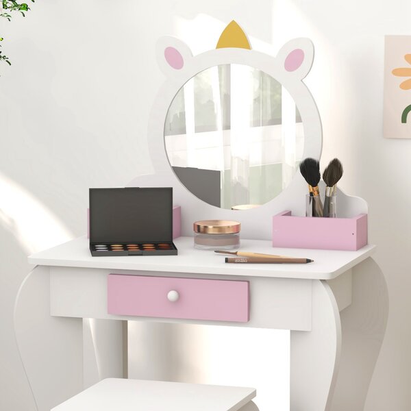 ZONEKIZ Unicorn Themed Children's Bedroom Set with Dressing Table, Mirror, Stool, and Toddler Bed Frame, 3-6 Years, Multicolour Aosom UK