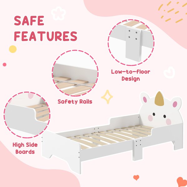ZONEKIZ Unicorn Themed Children's Bedroom Set with Dressing Table, Mirror, Stool, and Toddler Bed Frame, 3-6 Years, Multicolour Aosom UK