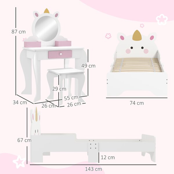 ZONEKIZ Unicorn Themed Children's Bedroom Set with Dressing Table, Mirror, Stool, and Toddler Bed Frame, 3-6 Years, Multicolour Aosom UK
