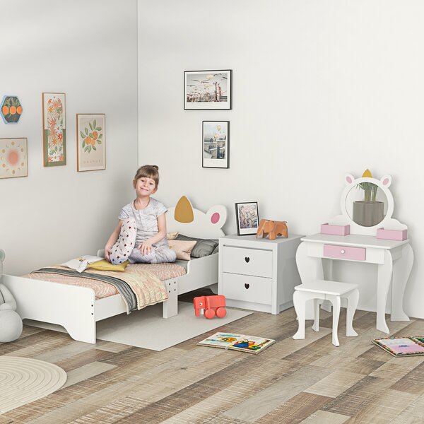 ZONEKIZ Unicorn Themed Children's Bedroom Set with Dressing Table, Mirror, Stool, and Toddler Bed Frame, 3-6 Years, Multicolour Aosom UK