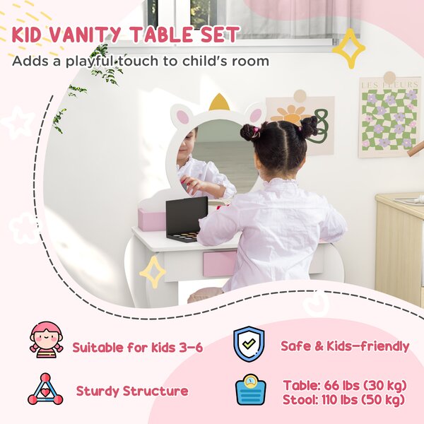 ZONEKIZ Unicorn Themed Children's Bedroom Set with Dressing Table, Mirror, Stool, and Toddler Bed Frame, 3-6 Years, Multicolour Aosom UK